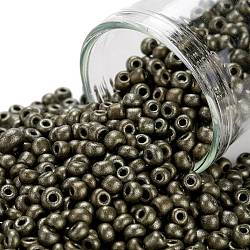 8/0 Glass Seed Beads, Metallic Colours Style, Round, Dark Olive Green, 8/0, 3mm, Hole: 1mm, about 10000pcs/pound(SEED-A017-3mm-1124)