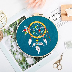 DIY Woven Net/Web with Feather Pattern Embroidery Kit, Including Imitation Bamboo Frame, Iron Pins, Cloth, Colorful Threads, Teal, 213x201x9.5mm, Inner Diameter: 183mm(DIY-O021-20)