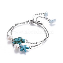 Dyed Synthetic Turquoise Link Bracelets, with Natural Pearls, Natural Aquamarine Chip Beads and 304 Stainless Steel Lobster Claw Clasps, Tortoise and Starfish, Turquoise, 7-1/8 inch(18cm), 2pcs/set(X-BJEW-JB04196)