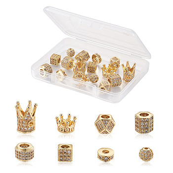 Pet 16Pcs 8 Style Rack Plating Brass Cubic Zirconia Beads, Long-Lasting Plated, Mixed Shapes, Golden, 2pcs/style