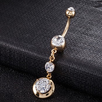 Piercing Jewelry, Brass Cubic Zirconia Navel Ring, Belly Rings, with 304 Stainless Steel Bar, Cadmium Free & Lead Free, Real 18K Gold Plated, Round, Clear, 48x11mm, Bar Length: 3/8"(10mm), Bar: 14 Gauge(1.6mm)