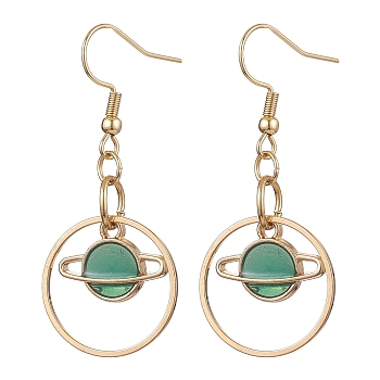 304 Stainless Steel with Alloy Enamel Dangle Earrings, Planet, Green, Golden, 45x20mm