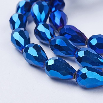 Electroplate Glass Beads Strands, Faceted, Teardrop, Blue Plated, 15x10mm, Hole: 1mm, about 50pcs/strand, 27.1 inch