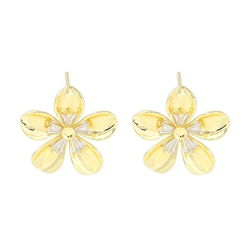 Brass Pave Clear Cubic Zirconia Stud Earring Findings, with Loop, Flower, Real 14K Gold Plated, Tray: 1.8mm, 18x18mm, Hole: 1.2mm, Pin: 0.5mm