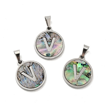 304 Stainless Steel with Paua Shell Pendants, Stainless Steel Color, Flat Round with Letter Charm, Letter.V, 18x16x1.5mm, Hole: 3x6mm