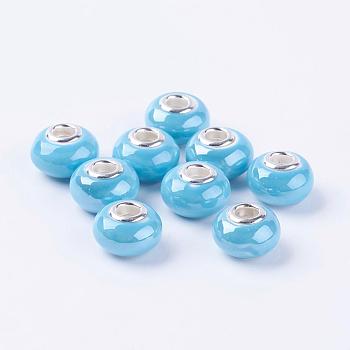 Handmade Porcelain European Beads, with Silver Color Brass Double Cores, Rondelle, Sky Blue, 15x10~11mm, Hole: 5mm