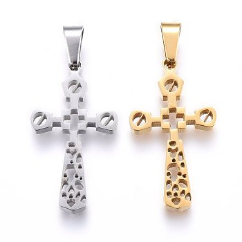 304 Stainless Steel Pendants, Cut-Out, with Hollow, Cross, Mixed Color, 29x16x2.2mm, Hole: 8x4mm