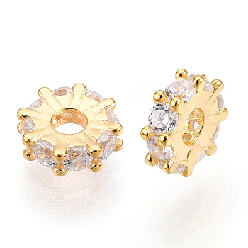 925 Sterling Silver Micro Pave Clear Cubic Zirconia Spacer Beads, Gear, Real 18K Gold Plated, 6x1.5mm, Hole: 1.8mm