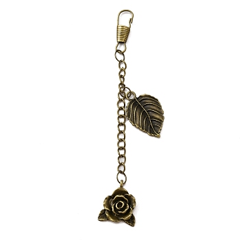 Tibetan Style Alloy Keychains, with Keychain Clasp Findings, Rose & Leaf, Antique Bronze, 11.8cm