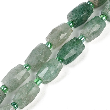 Natural Green Strawberry Quartz Beads Strands, with Seed Beads, Faceted, Barrel, 13~14x10mm, Hole: 1mm, about 23~24pcs/strand, 16.10''(40.9cm)