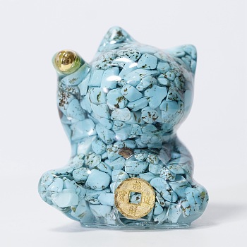 Synthetic Turquoise Chip & Resin Craft Display Decorations, Lucky Cat Figurine, for Home Feng Shui Ornament, 63x55x45mm