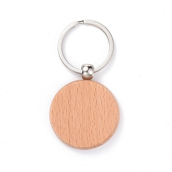 Natural Wood Keychain, with Platinum Plated Iron Split Key Rings, Flat Round, BurlyWood, 7.5cm, Flat Round: 48.5x39.5x7mm