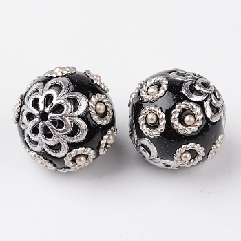 Round Handmade Indonesia Beads, with Acrylic and Alloy Cores, Platinum, Black, 19x18mm, Hole: 1.5mm