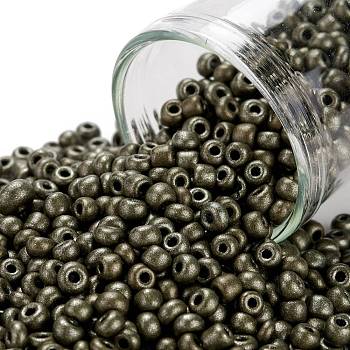 8/0 Glass Seed Beads, Metallic Colours Style, Round, Dark Olive Green, 8/0, 3mm, Hole: 1mm, about 10000pcs/pound