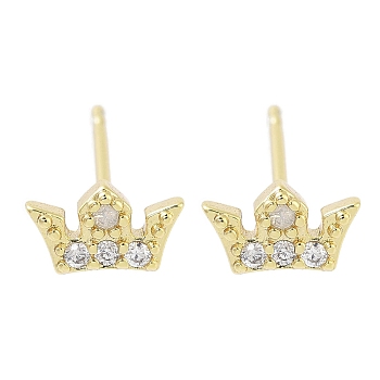 Brass Micro Pave Clear Cubic Zirconia Studs Earring, Crown, Real 18K Gold Plated, 4x7mm