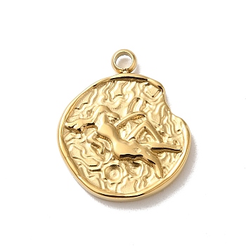 304 Stainless Steel Pendants, Textured Flat Round with Constellations Charm, Real 14K Gold Plated, Virgo, 17.5x15x2mm, Hole: 1.8mm