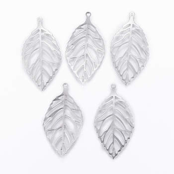 304 Stainless Steel Pendants, Leaf, Stainless Steel Color, 39x21x0.3mm, Hole: 1mm