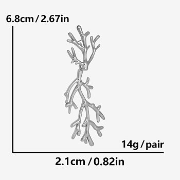 304 Stainless Steel Hip-hop Branch Stud Earrings, Silver, 68x21mm