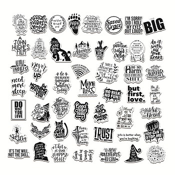 50Pcs Inspirational Theme Paper Cartoon English Word Stickers Set, Adhesive Label Stickers, for Water Bottles, Laptop, Luggage, Cup, Computer, Mobile Phone, Skateboard, Black, 23~74x37~77x0.1mm