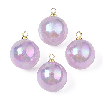 ABS Plastic Imitation Pearl Pendants, with Brass Findings, AB Color Plated, Round, Plum, 15.5x12mm, Hole: 1.5mm