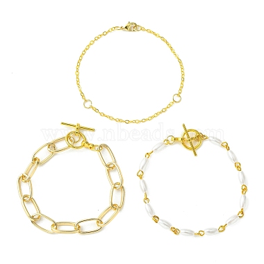 3Pcs 3 Style Aluminium Paperclip & Brass Curb & Imitation Pearl Acrylic Beaded Link Chain Bracelets Set(BJEW-FS0001-08)-4