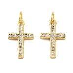 Brass Micro Pave Cubic Zirconia Pendants, Cross, Lead Free & Cadmium Free, Long-Lasting Plated, Rack Plating, with Jump Ring, Real 18K Gold Plated, 16x10x2.5mm, Hole: 3mm(X1-KK-C092-21B-G)
