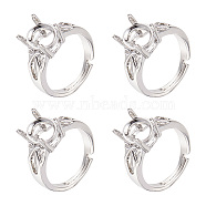 4Pcs Adjustable Brass Finger Ring Components, 4 Claw Prong Ring Settings, with Cubic Zirconia, Long-Lasting Plated, Oval, Platinum, Tray: 10x8mm, Inner Diameter: 16~16.5mm(KK-SC0001-32)