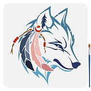 1Pc Plastic Hollow Out Drawing Painting Stencils Templates, for Painting on Scrapbook Fabric Tiles Floor Furniture Wood, with 1Pc Plastic Paint Brush, Wolf, 30x30cm(DIY-FG0005-18A)