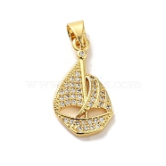 Rack Plating Brass Micro Pave Clear Cubic Zirconia Pendants, Long-Lasting Plated, Cadmium Free & Lead Free, Sailboat, Real 18K Gold Plated, 20x11.5x2.5mm, Hole: 4x3mm(KK-C047-17G)
