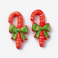 Resin Cabochons, with Glitter Powder, Christmas Theme, Opaque, Candy Canes, with Bowknot, Green, Red, 29x14x6mm(X-RESI-R429-12)