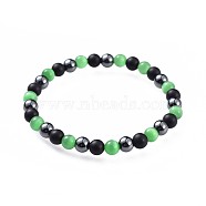Cat Eye Stretch Bracelets, with Natural Black Agate(Dyed) Beads and Non-Magnetic Synthetic Hematite Beads, Lime Green, 2-1/4 inch(5.7cm)(BJEW-JB04591-02)