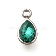 304 Stainless Steel Pendants, with Rhinestone, Stainless Steel Color, Teardrop, Aquamarine, 10.5x5.5x0.5mm, Hole: 1.8mm(STAS-Q346-04P-07)