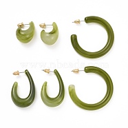 C-shape Resin Stud Earrings Set, Half Hoop Earrings, Open Hoop Earrings for Women, Olive Drab, 23~40.5x6~14mm, Pin: 0.7mm, 3 pairs/set(EJEW-D277-01G-04)