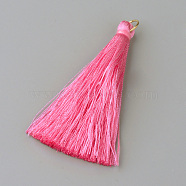 Nylon Thread Tassel Big Pendants Decoration, with Brass Findings, Golden, Hot Pink, 63~66x7mm, Hole: 7mm(FIND-Q065-A28)