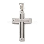 304 Stainless Steel Pendants, with Crystal Rhinestones, Cross Charm, Stainless Steel Color, 42x25.5x3mm, Hole: 7.5x4.5mm(STAS-D110-17AS)