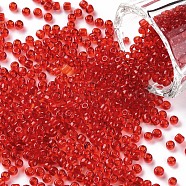 Glass Seed Beads, Transparent, Round, Round Hole, Crimson, 8/0, 3mm, Hole: 1mm, about 1111pcs/50g, 50g/bag, 18bags/2pounds(SEED-US0003-3mm-5B)