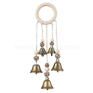 Iron Bell Wind Chimes, Witch Bells for Door Knob, Wood Leopard Print Round Bead & Ring for Home Hanging Ornaments, Antique Bronze, 270mm(HJEW-JM01958)