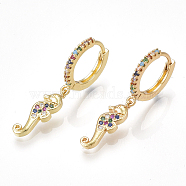 Brass Cubic Zirconia Dangle Hoop Earrings, Sea Horse, Golden, 29mm, Pin: 1x1mm(EJEW-S201-128)