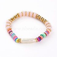 Rainbow Polymer Clay Heishi Beads Stretch Bracelets, with Acrylic Beads, Non-magnetic Synthetic Hematite Beads, Brass Rhinestone Beads and ABS Plastic Imitation Pearl Beads, Golden, Bisque, Inner Diameter: 2-1/8 inch(5.4cm)(BJEW-JB05865-05)