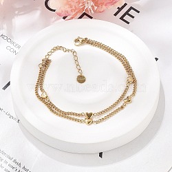 304 Stainless Steel Double-Layer Curb Chains Bracelets for Women, Heart, Real 18K Gold Plated, 6-3/4 inch(17cm)(BJEW-C089-13G)