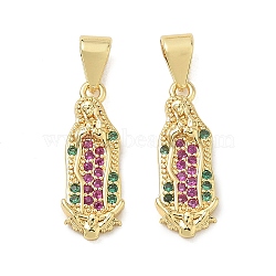 Brass Micro Pave Colorful Cubic Zirconia Pendants, Virgin Mary Charms, Rack Plating, Long-Lasting Plated, Lead Free & Cadmium Free, Real 18K Gold Plated, 23x7x2mm, Hole: 5x3mm(CU-CBAD360-12G-03)