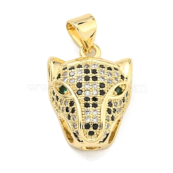 Brass Micro Pave Cubic Zirconia Pendants, Leopard Head Charms, Real 18K Gold Plated, 18x13.5x7mm, Hole: 4x3mm(KK-K354-13H-G)