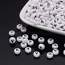 Acrylic Beads, with Horizontal Hole, Letter, Flat Round, Letter.V, 7x4mm, Hole: 1mm, about 146pcs/20g(Y-PL37C9070-V)