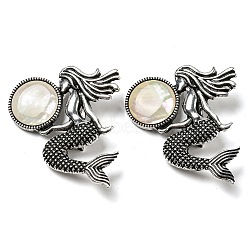 Dual-use Items Alloy Mermaid Brooch, with Natural Paua Shell, Antique Silver, PapayaWhip, 42x37x7mm, Hole: 8x3mm(JEWB-C026-02F-AS)