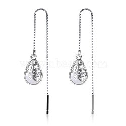 Teardrop Shape Glass Imitation Gemstone Ear Threads, with Hollow out Pattern, White, Platinum, 105mm, Pin: 0.9mm(EJEW-BB64256-B)