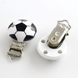 Sports Theme, FootBall/Soccer Ball Pattern Printed Wooden Soother Holder Clip with Iron Clasps, Flat Round, Platinum, Black, 28x28mm, Hole: 4mm(WOOD-R241-33)