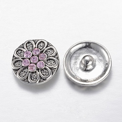Alloy Rhinestone Snap Buttons, Jewelry Buttons, Flat Round with Flower, Antique Silver, Light Rose, 20x8mm(SNAP-R029-15AS)
