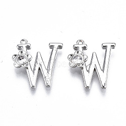 Brass Pendants, with Rhinestones, Alphabet, Platinum, Letter.W, 18x14x2.5mm, Hole: 1mm(KK-Q768-001P-W)