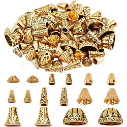 80Pcs 8 Style Tibetan Style Alloy Beads Cone & Caps, Cone & Flower, Antique Golden, 10~18x8~20x5~12mm, 10pcs/style(FIND-NB0003-15)