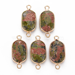 Natural Unakite Link Connectors, with Golden Plated Brass Edge and Loop, Faceted, Oval, 29x13x6~7mm, Hole: 2mm(G-S359-299E)